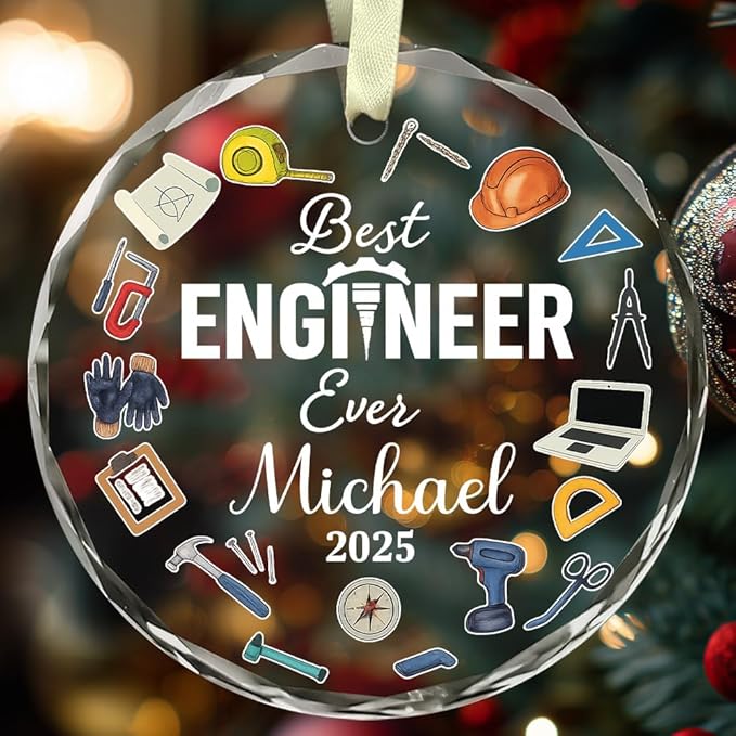 BSQUIELE Personalized Best Engineer Ever Glass Ornament 2025 - Civil Engineering Gift for Retirement Custom Name Keepsake - Unique Xmas Tree Hanging Decoration