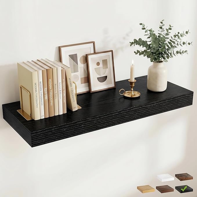 FLYJOE 36 Inch Long Floating Shelves for Wall Set of 1, 12" D Wood Grain Bathroom Shelves with Invisible Brackets, Easy Install Engineered Wood Storage Shelves for Kitchen, Living Room, Bedroom