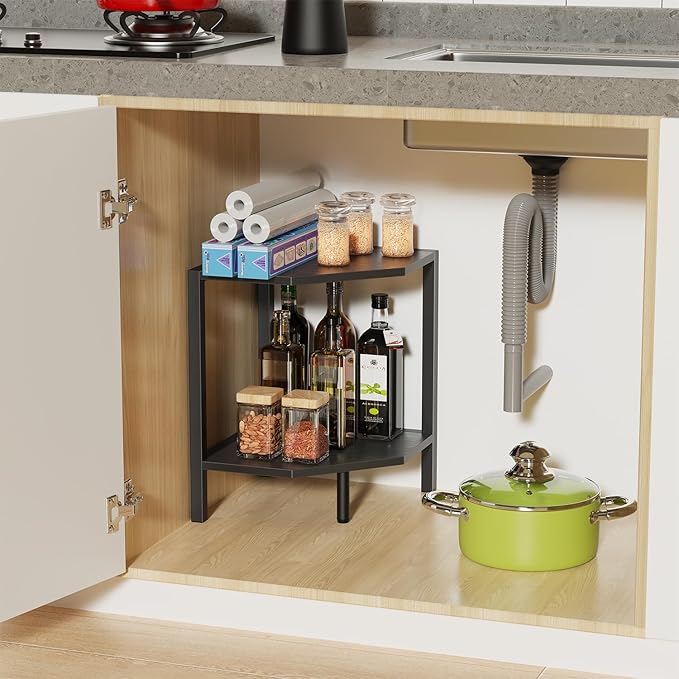 Creso hom Corner Shelf Stand, 2 Tier Industrial Corner Bookshelf, Multipurpose Standing Corner Display Shelf Countertop Organizer for Living Room Kitchen Bedroom Office, Black
