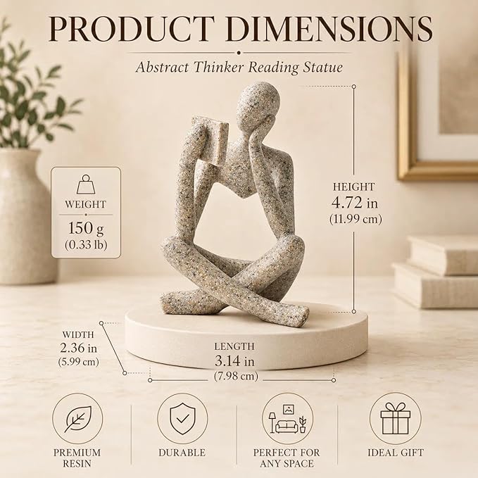 Bookshelf Decor Thinker Statue, Sand Abstract Reading Figurine Style B, Resin Decorative Bookend for Coffee Table, Shelf, Home Office, Library, Gift for Book Lovers