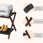 HOOBRO Luggage Rack, Bamboo Suitcase Stand, Folding Luggage Holder, with Nylon Straps and Oxford Fabric Shelf, for Guest Room, Hotel, Bedroom, Brown and Black BR17XL01G1