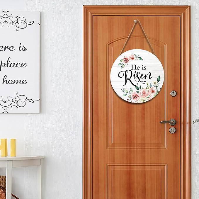 Harooni Easter Sign He is Risen Wooden Hanging Plates 12"x12" Religious Door Hanger Sign