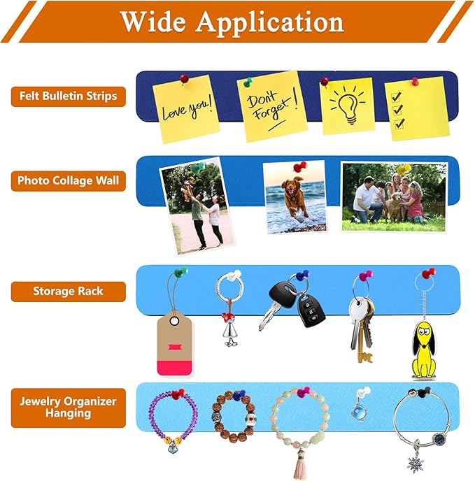8Pcs Rectangle Felt Cork Board Bar Strips with 35 Pushpins, Self-Adhesive Bulletin Board Strips for Office School Home Wall Decor Stickers Memos Schedules Photos Display -Gradual Blue