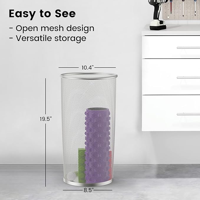 19.5" H Mesh Umbrella Stand - Ventilated Mesh Umbrella Holder for Entryway - Extra Capacity Storage for Umbrellas Canes & More - Freestanding Indoor Organizer 10.4" L x 10.4" W x 19.5" H - 4P Silver