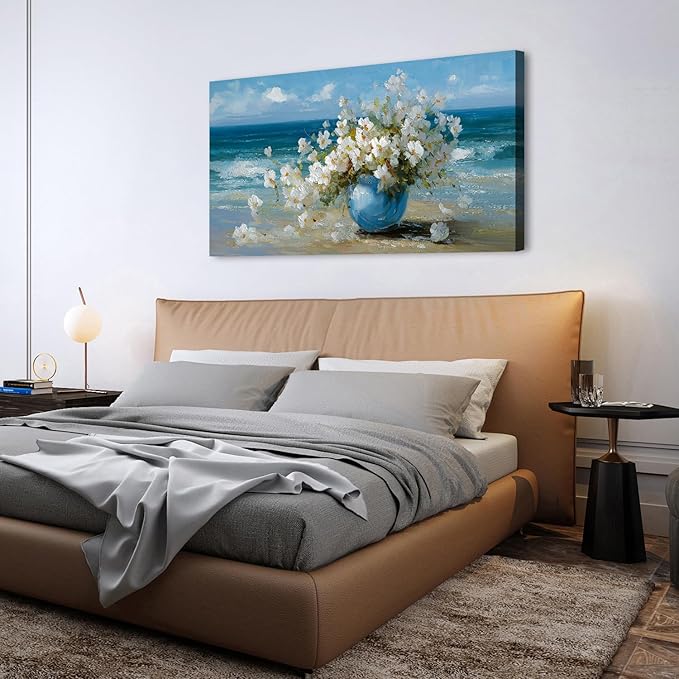 Vintage Flowers Canvas Wall Art White Blossom Painting Retro Flowers in Blue Vase Pictures Blue Ocean Coastal Landscape Prints Poster Floral Artwork for Bathroom Bedroom Home Decoration 29.53x57.87"