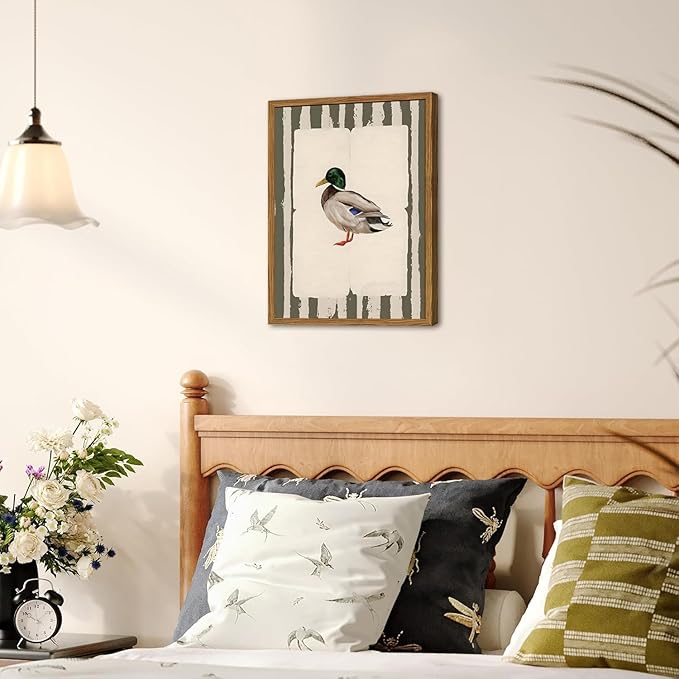 Framed Vintage Mallard Duck Wall Art, Country Farmhouse Duck Pictures Wall Decor, Rustic Wildlife Animal Paintings Canvas Prints Cottagecore Home Decor for Living Room Bedroom nursery 16x24 inch