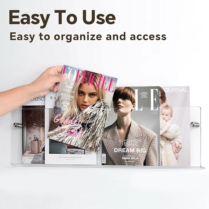 2-Pack 24 Inch Clear Acrylic Magazine Holder, Sleek Wall Mounted Brochure Rack & Floating Bookshelf, Modern Invisible Magazine Display for Office, Waiting Room, Living Room, Fashion Home Decor