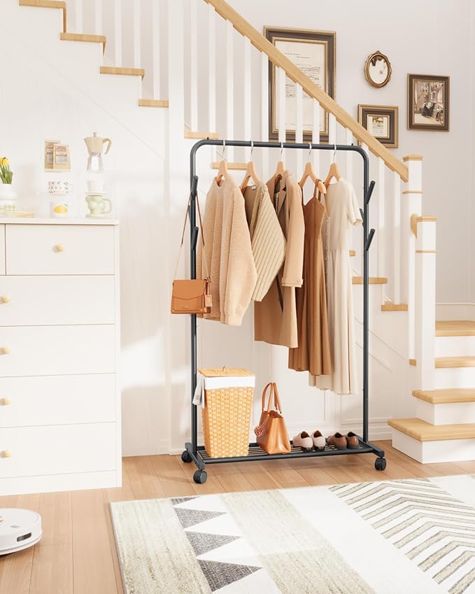 Clothes Rack - Metal Coat Rack with Bottom Shelf, Portable Wardrobe Rack with 6 Side Rods, Rolling Clothing Rack for Hanging Clothes for Bedroom or Laundry Room (Black, 28.7 x 17 x 59.4)