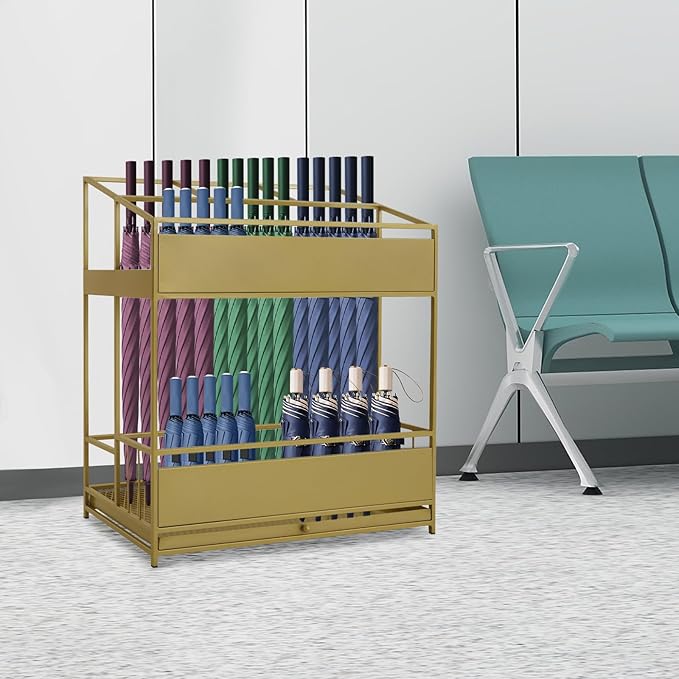 Commercial Metal Umbrella Stand Rack – Heavy Duty Free Standing Organizer with Removable Drip Tray, Entrance Umbrella Organizer for Entryway Home Office Hotel, 26.8x12.6x27.6in (Gold)