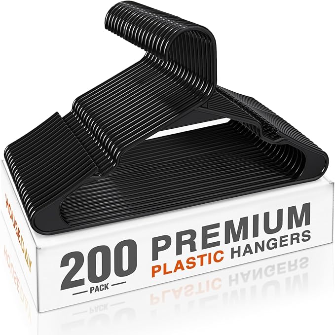 HOUSE DAY 200 Pack Plastic Clothes Hangers, Commercial Bulk Shipment for Business, Sturdy Durable Notched Hangers Ideal for Retail Dry Cleaners Warehouses, Save Cost & Warehouse Space - Black