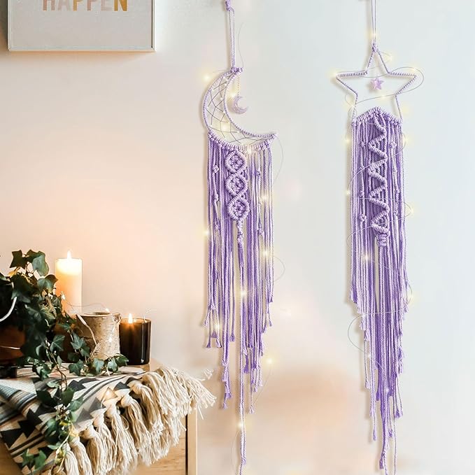 Moon Star Dream Catcher Decor,2pcs Boho Home Moon Star Dreamcatcher,Macrame Wall Hanging Boho Home Decor for Kids Baby Bedroom Decoration for Women Girls Craft Holiday Gifts Purple