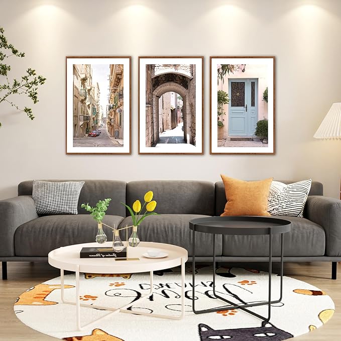 KAlRNE Vintage Cityscape Framed Canvas Wall Art Set of 3(24”X36”),European Street Scenery Wall Decor,Rustic Mediterranean Door Painting,Texture Alleyway Beige Art Prints For Living Room Bedroom Office