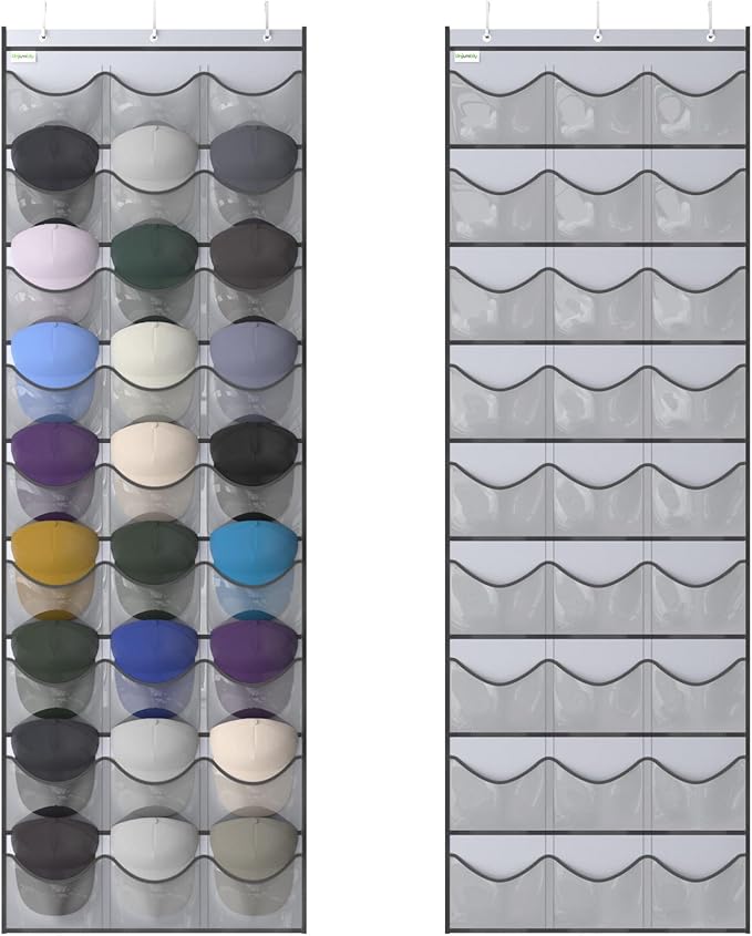 Unjumbly Baseball Hat Rack, 27 Pocket Over-The-Door Hat Organizer with Clear Deep Pockets to Display Baseball Caps Collection, Complete with 3 Over Door Hooks (Grey, 27 Pockets)