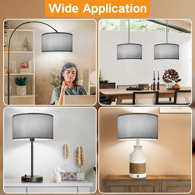 OUTON Grey Large Drum Lamp Shades for Floor Lamps, 16" Top x 16" Bottom x 9" High, Easy to Assemble, Replacement Linen Lampshades for Table Lamps & Bedside Lamps (1.65" Spider)