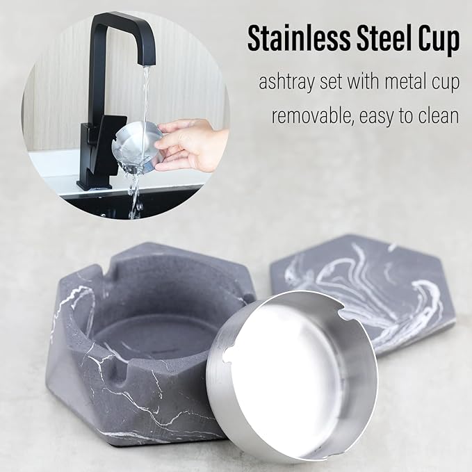 FREELOVE Concrete Ashtray with Lid & Stainless Steel Ashtrays for Cigarettes, Cement Ash Tray Smoking Holder Indoor Smokeless Outdoor Windproof Patio Home Office Cool Decor(Grey-White, Small)