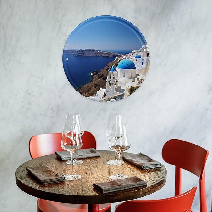 Wall Picture, with Santorini Greek Island Sea View Printed Circular Iron Hanging Picture,Wall Art Decor,Home for Bedroom Living Room Bathroom Decor,Iron Painting 11.8X11.8 in