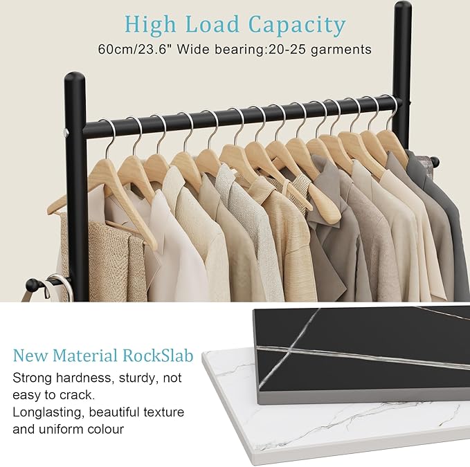 Nianerfaya Clothes Rack with 2 Hooks, Standing Garment Storage for Indoor - Coat Rack for Hanging Clothes for Bedroom - 25.6" Wide Garment Rack Metal Clothing Hanger Rack (Black)