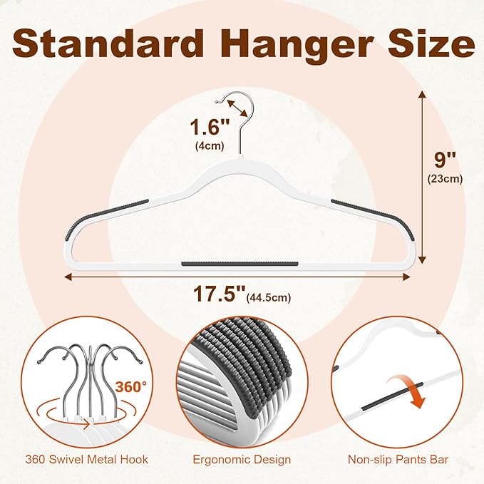 HOUSE DAY Heavy Duty Plastic Hangers 50 Pack, Non Slip Clothes Hangers with Rubber Grip and 360° Hook - Thin Plastic Hanger Space Saving - Coat Hanger White, Closet Organizer for Shirt, Pants, Suit