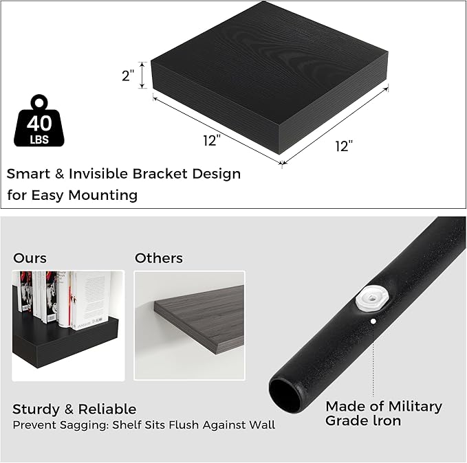 Venusmiles Square Floating Shelves for Wall, 12" W x 12" D x 2" H, 2 Pack of Small Wall Mounted Engineered Wood Shelves with Invisible Brackets for Living Room, Bedroom, Bathroom, Kitchen Decor, Black