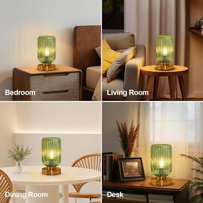 LightRound Cordless Table Lamp for Bedroom, 7500mAh Rechargeable Battery Operated Lamp, Modern Touch Dimmable Wireless Lamp Gold Base Green Glass Shade for Living Room, Desk, Led Bulb Included