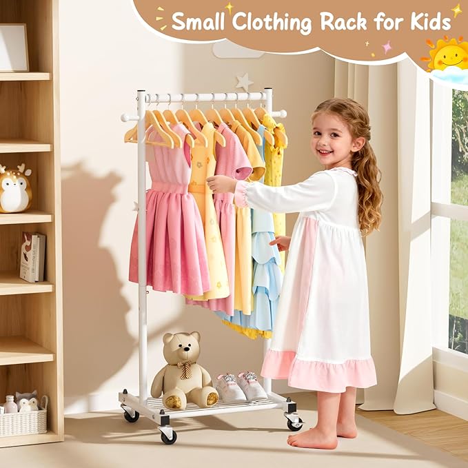 MISSLO Kids Clothing Rack for Small Space Kids Dress Up Storage with Shelf Short Baby Clothes Rack for Hanging Clothes & Dance Costumes Small Garment Rack for Closet, Wardrobe, White