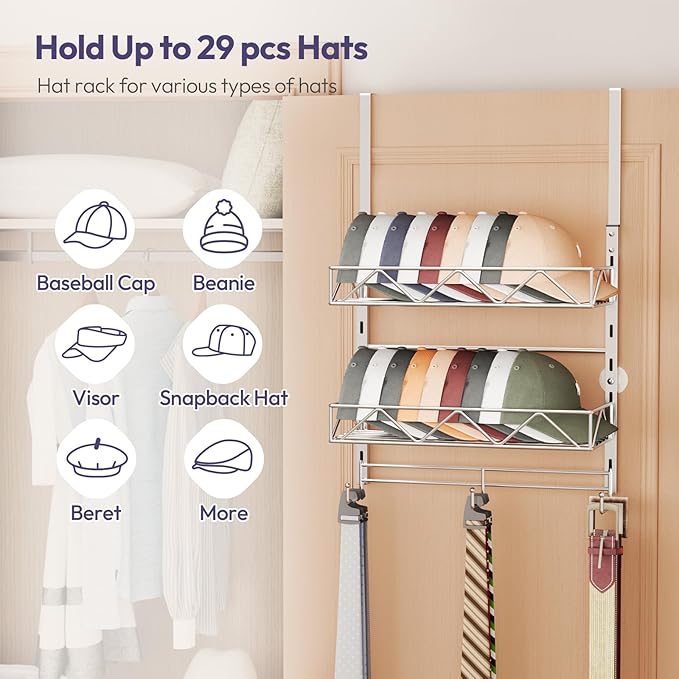 SWTYMIKI Over Door Hat Organizer - 3 Tier Wall Mounted Hat Rack with 2 Adjustable Metal Basket and 3 Hooks, Hanging Baseball Cap Organizer Storage Holds up to 29 Caps for Door, Bedroom, Closet