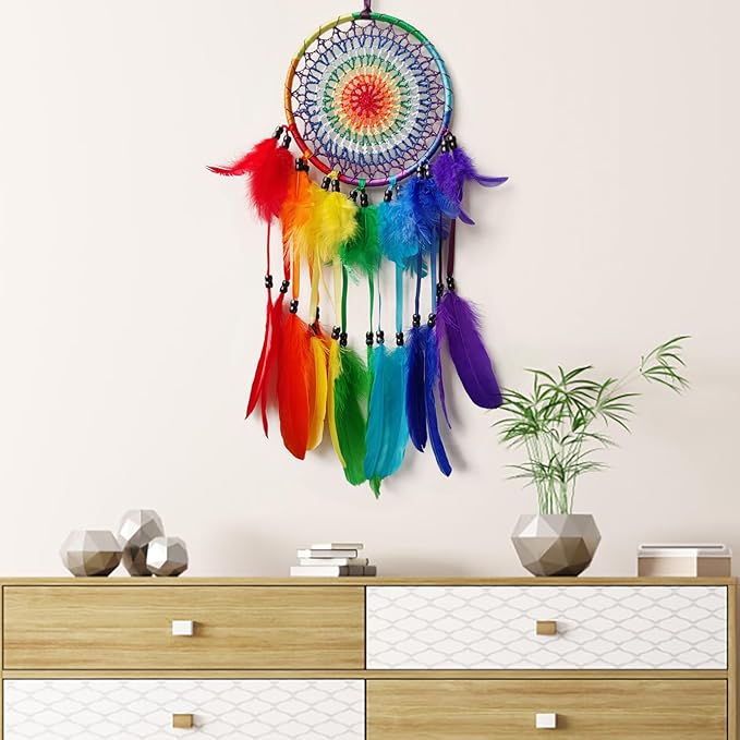 Colorful Dream Catcher Rainbow Dream Catchers Wall Decor Handmade Feather Dreamcatcher Wall Hanging Ornament for Bedroom Living Room Home Decor