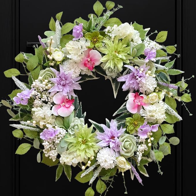 24 Inch Spring Wreath for Front Door, Artificial Spring Summer Floral Wreath with Dahlia Hydrangea Orchid for Home Wall Wedding Festival Indoor Outdoor Decor