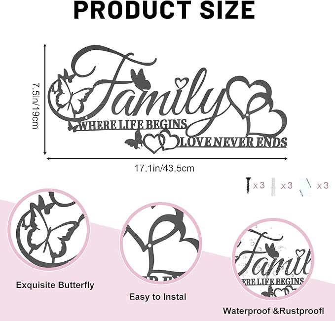 Family Where Life Begins Love Never Ends Word Wall Art Decor, Black Family Metal Wall Sign with Butterflies Heart, Iron Letters Hanging Sculpture for Kitchen Living Room Decoration (A)