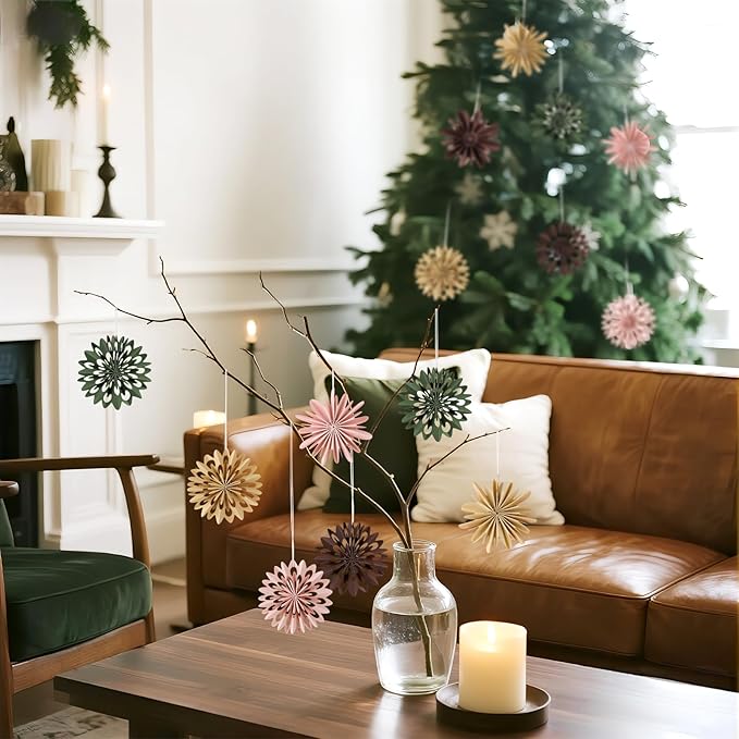 EASY JOY 9Pcs Christmas Hanging Decorations - 3D Paper Christmas Tree Hanging Decor Pink Green Brown Snowflake Ornaments Christmas Decorations Outdoor Indoor for Xmas Party,Boho Home,Window Door Decor