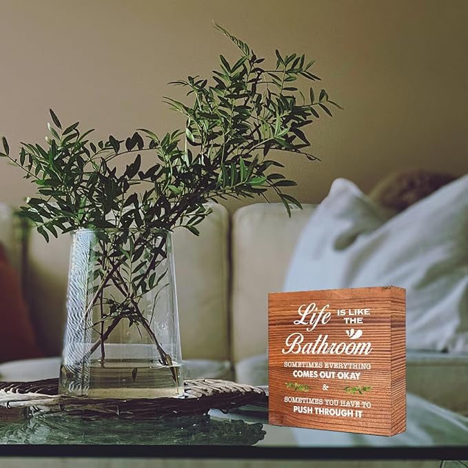 Brown Life is Like The Bathroom Wooden Box Sign Desk Decor,Funny Bathroom Wood Block Sign for Farmhouse Toilet Shelf Decor