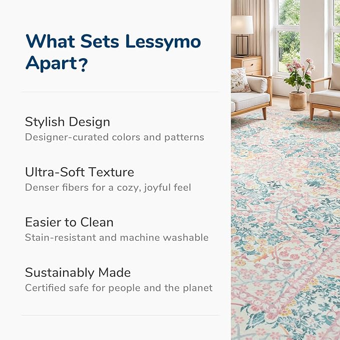 Lessymo 9x12 Washable Rug for Living Room, Soft Pink Area Rugs for Bedroom Dining Room Nursery, Boho Non Slip Forest Design Large Carpet Distressed Retro Indoor, Pink Green