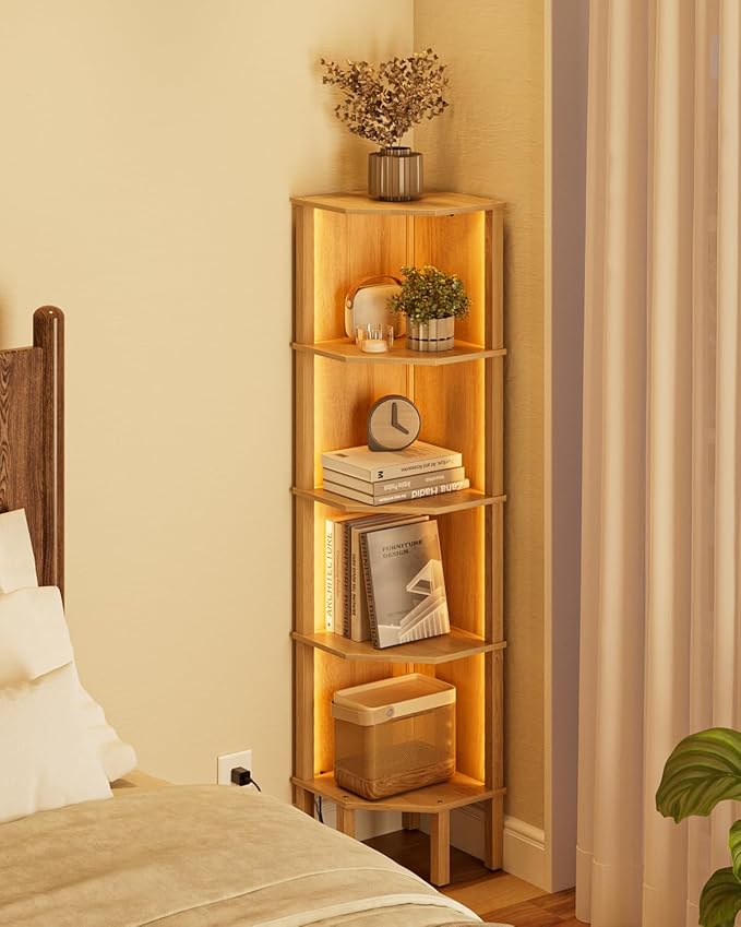 Corner Shelf Stand, 5 Tier Corner Bookshelf with Light,Corner Furniture for Bedroom Display Corner Shelf for Small Space,Wood Shelves with Storage Rack for Living Room,Office,Oak