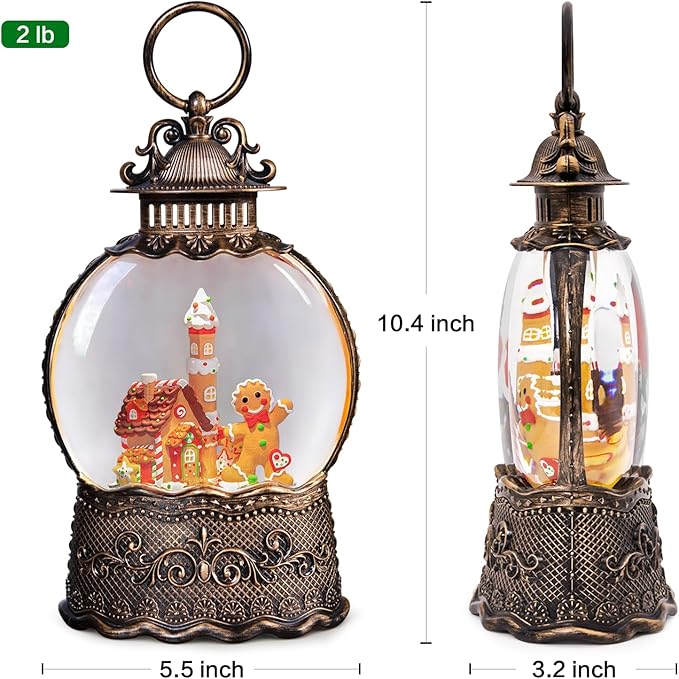 Christmas Snow Globes Lantern, Gingerbread Man Musical Snow Globes with Swirling Glitter Effects, USB/Battery Powered with 6-Hour Timer, Christmas Decorations
