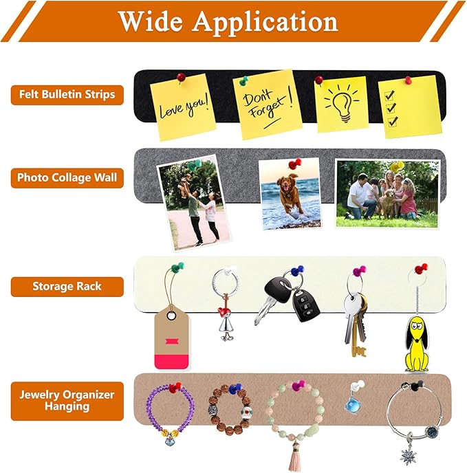 8Pcs Rectangle Felt Cork Board Bar Strips with 35 Pushpins, Self-Adhesive Bulletin Board Strips for Office School Home Wall Decor Stickers Memos Schedules Photos Display -Camel & Grey