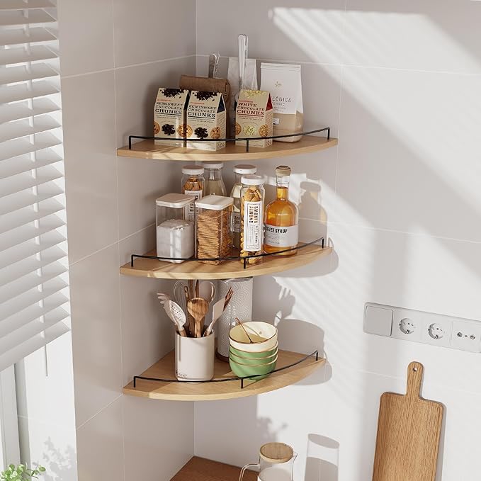 JJL Corner Shelf Wall Mounted, 12 Inches 3-Tier Floating Corner Shelf, Fan-Shaped Rustic Wood Decor with Fence, Natural Wood Grain Storage for Apartment Bedroom Kitchen Bathroom