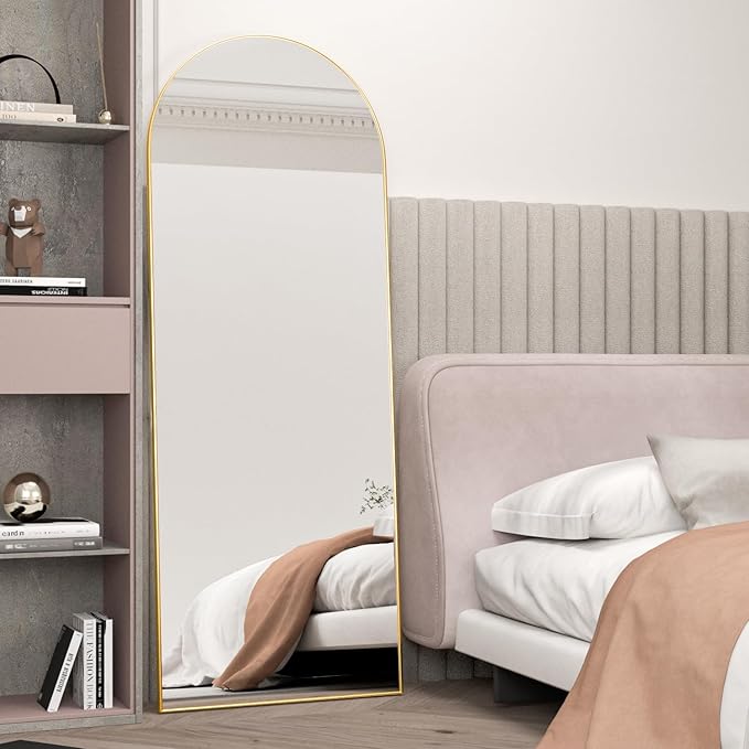 Full Length Mirror, 56"x16" Arch Floor Mirror with Stand, Gold Arched Full Body Standing or Leaning Mirror for Bedroom, Living Room