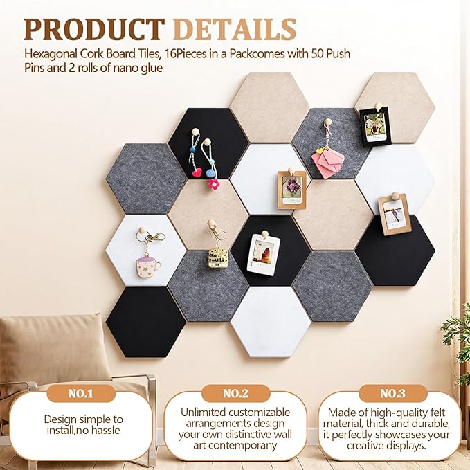 Mindsoft 16 Pcs Hexagon Cork Board for Walls with 50 Wooden Push Pins 12x10 in Felt DIY Tiles Notice with Nano Tape Hanging Bulletin Board for Home Photo Office Memo Note(Classic)