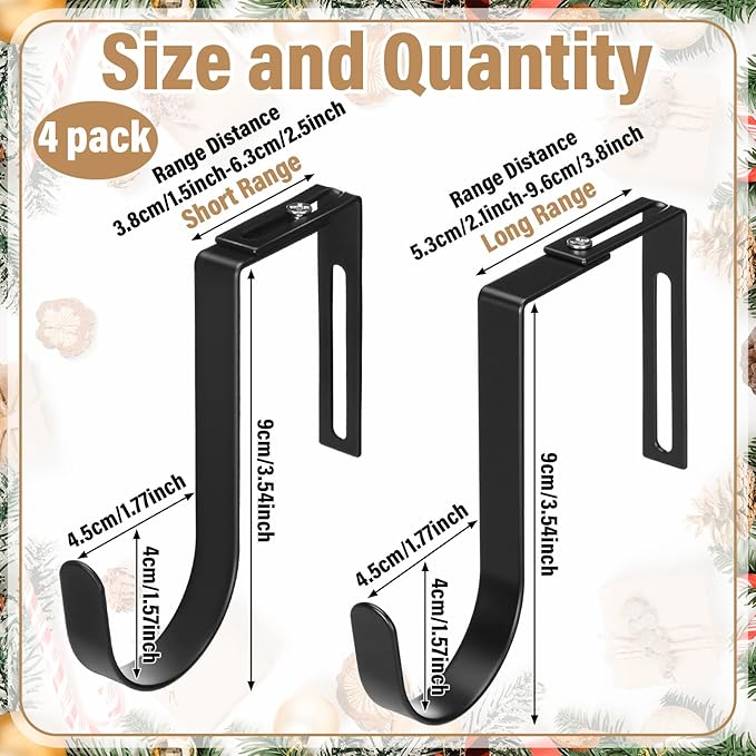 LEIFIDE 4 Pcs Width Adjustable Wreath Hanger for Front Door 1.5-3.78" Large Over the Door 4th of July Decoration Hook 20 Lbs Capacity(Black)