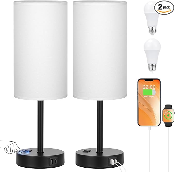 PartageiZ 17.4inches Tall White Bedroom Lamps Set of 2-3 Way Dimmable Touch Table Lamps with USB C and A Ports, Lamps for Nightstand with AC Outlet, Desk Lamps with Black Base for Office