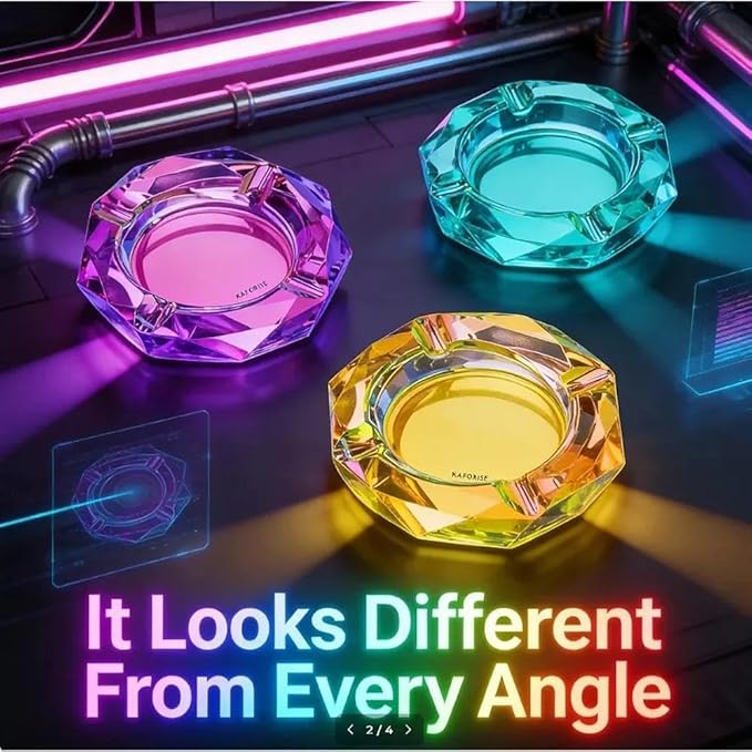 Kaforise Heavy K9 Crystal Ashtray for Cigarettes – Cool Color-Changing Glass Ash Tray for Outdoor Patio & Home Decor – Fancy Geometric Tabletop Accessories, Unique Luxury Gift for Men Smokers (02)