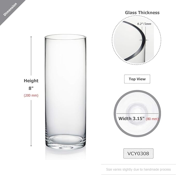 WGVI Quality Thick Clear Cylinder Glass Vases, 3" W x 8" H, Bud Vase Skinny Narrow Floral Bouquet Flower Container for Wedding Centerpieces Tabletop Décor Brush Pen Holder, Bulk Wholesale, 12 Pieces
