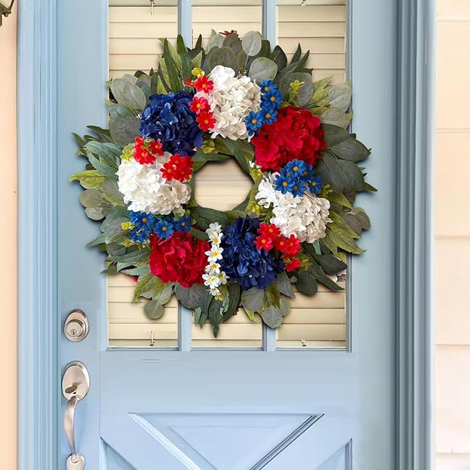 WANNA-CUL 250th Year Patriotic Wreaths for Front Door Decorations, 24 Inch 4th of July Hydrangea Wreath, Red White Blue Spring Door Wreath for Independence Day, Memorial Day for Indoor Outdoor Decor