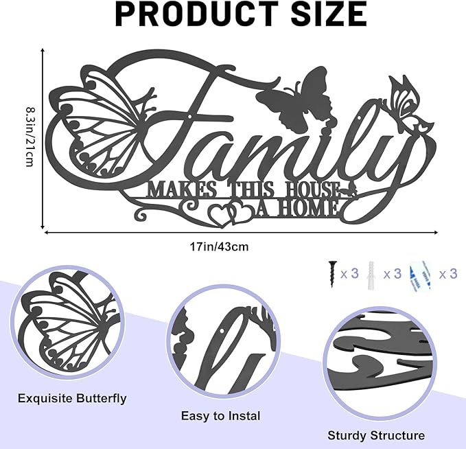 Family Metal Word Sign Wall Art Decor, Family Makes This House A Home Heart Butterflies Wall Hanging Sculpture, Silvery Iron Letters Quotes Home Decor for Living Room Kitchen (Black-B)
