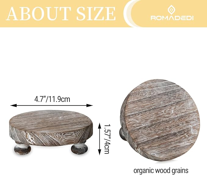 Romadedi Farmhouse Wood Riser for Display- 4 pcs Rustic Decor Mini Wooden Pedestal Stand Decorative Round Tray for Home Table Bathroom Counter Shelf Kitchen, Whitewash