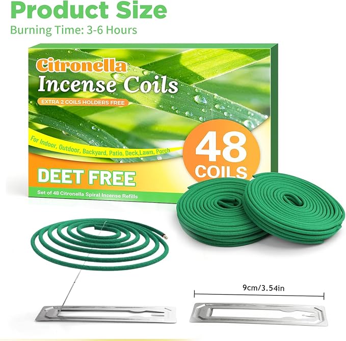 FIRIK Citronella Coils, 48 Pack Citronella Incense Coil with 2 Holders, Natural Lemongrass Fagrance, for Indoor and Summer Outdoor Patio Camping Trip Garden Gathering