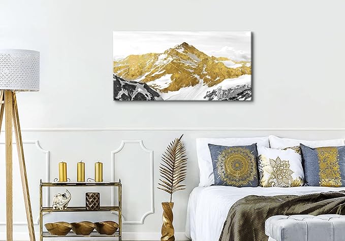 Large Golden Mountain Wall Art Abstract Black and Gold Mountain Wall Decor Nature Snowy Mountains Hill Landscape Canvas Paintings Pictures Modern Artwork Prints Living Room Office Decorations 24x48”