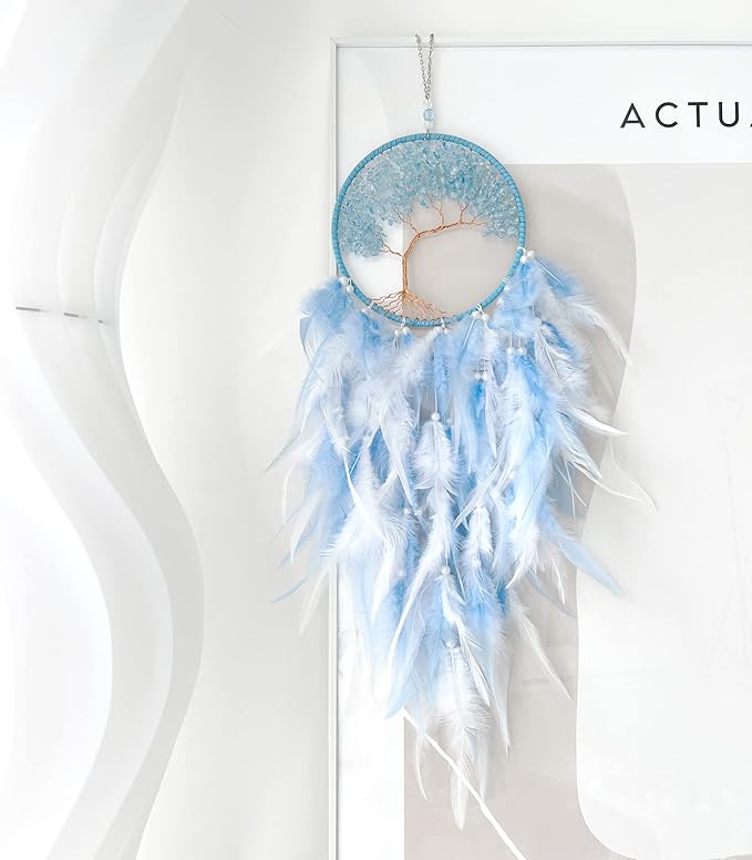 Dream Catchers, Sky Blue Dream Catcher Tree of Life Wall Decor, with Natural Healing Crystal Stone, Perfect Handmade Dreamlike Crystal Dream Catcher for Bedroom Art Craft Gift