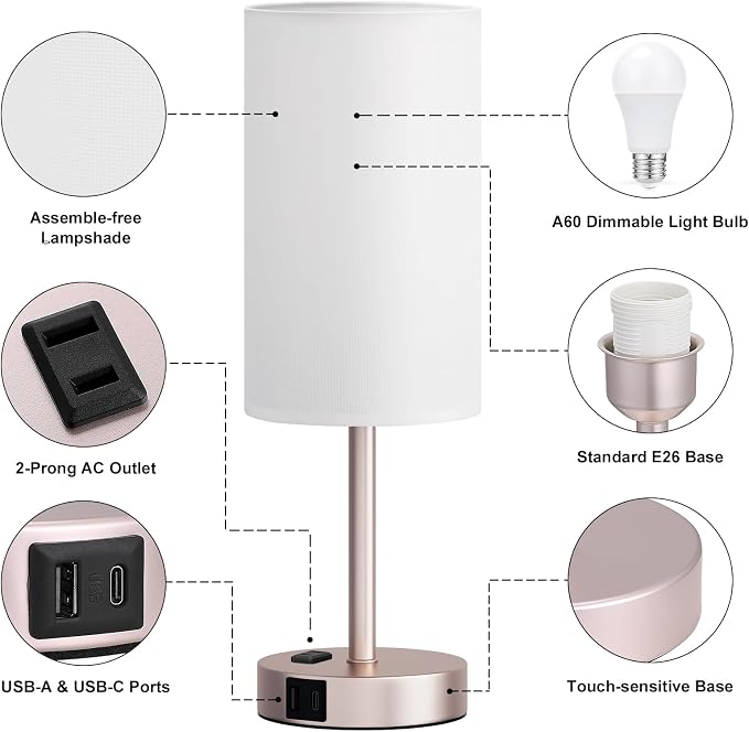 Fenmzee Antique White Bedside Table Lamp for Bedroom - 3 Way Dimmable Touch Lamp USB C Charging Ports and AC Outlet, Small Lamp Gold Base Round Flaxen Fabric Shade for Living Room, Desk