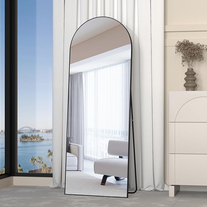 Full Length Mirror, 56"x16" Arch Mirror Floor Mirror with Stand, Black Arched Full Body Standing or Leaning Mirrors for Bedroom, Living Room
